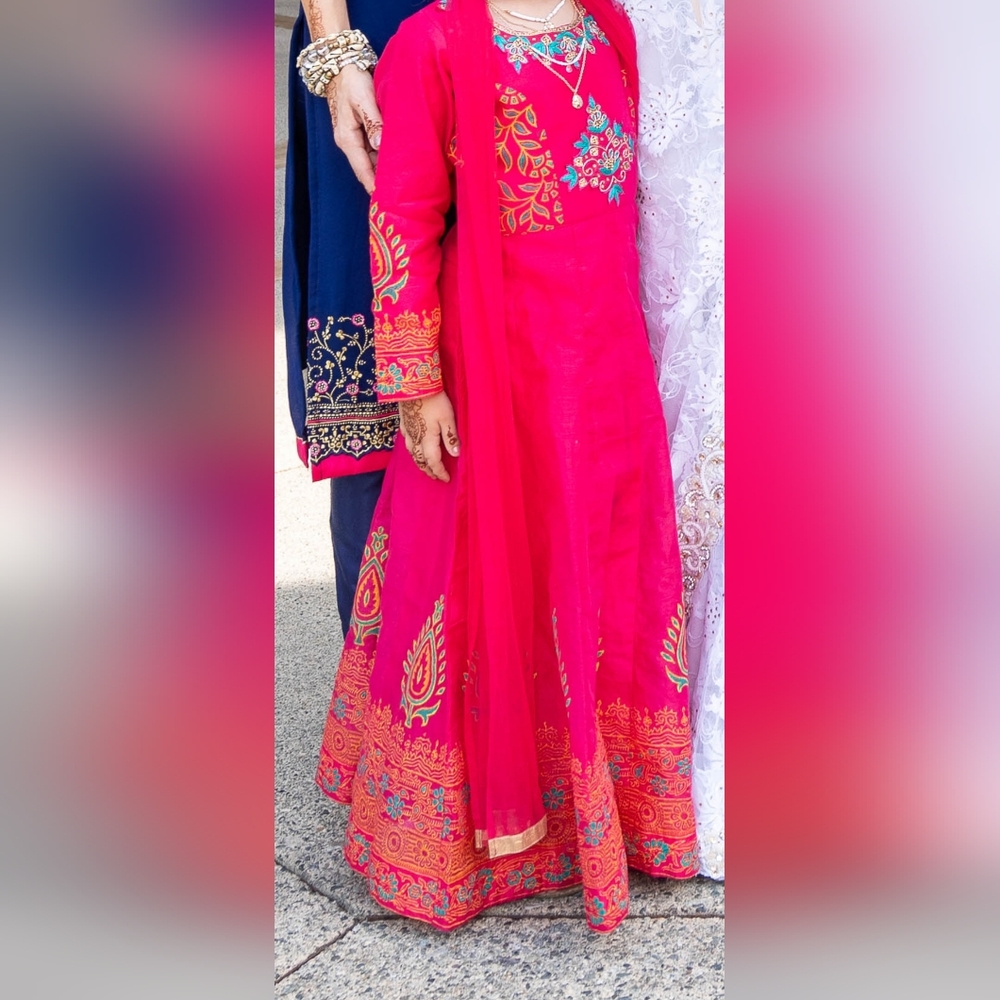 Girls Anarkali Suit - Pink, Orange & Green | Indian Ethnic Party Wear - Picture 2 of 16